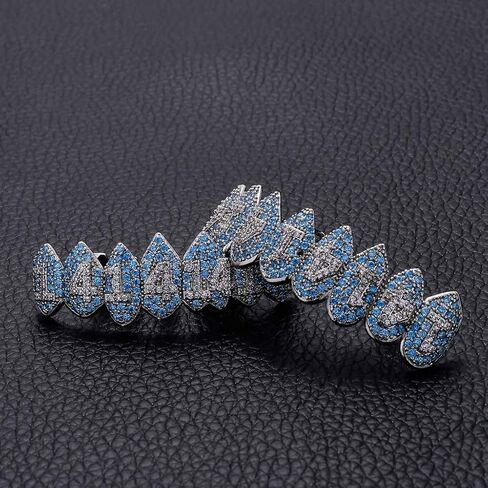 LKV Shark Vampire 14K Gold Plated Grillz Iced Out CZ Lab Diamond Aquamarine Zircon 14 Vampire Grillz for Your Teeth Top and Bottom Grills for Men Hip Hop Rapper Cosplay in Kuwait