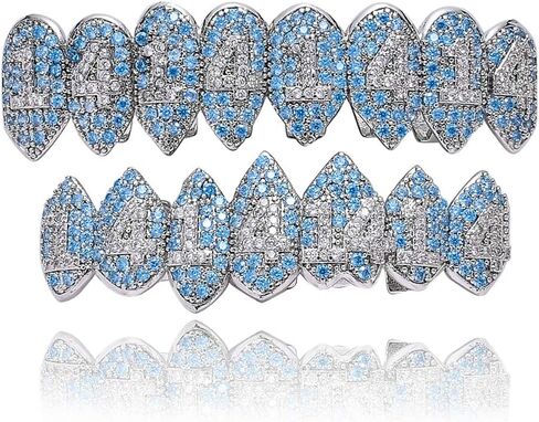 LKV Shark Vampire 14K Gold Plated Grillz Iced Out CZ Lab Diamond Aquamarine Zircon 14 Vampire Grillz for Your Teeth Top and Bottom Grills for Men Hip Hop Rapper Cosplay in Kuwait