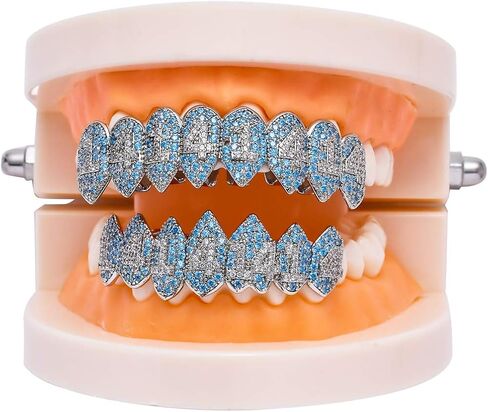 LKV Shark Vampire 14K Gold Plated Grillz Iced Out CZ Lab Diamond Aquamarine Zircon 14 Vampire Grillz for Your Teeth Top and Bottom Grills for Men Hip Hop Rapper Cosplay in Kuwait