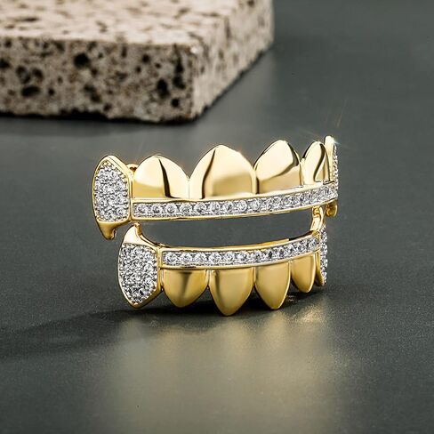TOPGRILLZ 14K Gold Plated Iced Out CZ Top and Bottom Vampire Fangs Werewolf Grillz for Your Teeth Hip Hop Halloween Accessory in Saudi Arabia