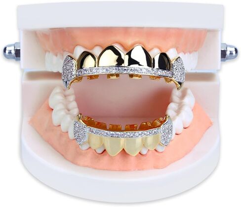 TOPGRILLZ 14K Gold Plated Iced Out CZ Top and Bottom Vampire Fangs Werewolf Grillz for Your Teeth Hip Hop Halloween Accessory in Saudi Arabia