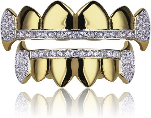TOPGRILLZ 14K Gold Plated Iced Out CZ Top and Bottom Vampire Fangs Werewolf Grillz for Your Teeth Hip Hop Halloween Accessory in Saudi Arabia