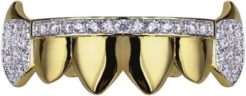 TOPGRILLZ 14K Gold Plated Iced Out CZ Top and Bottom Vampire Fangs Werewolf Grillz for Your Teeth Hip Hop Halloween Accessory in Kuwait