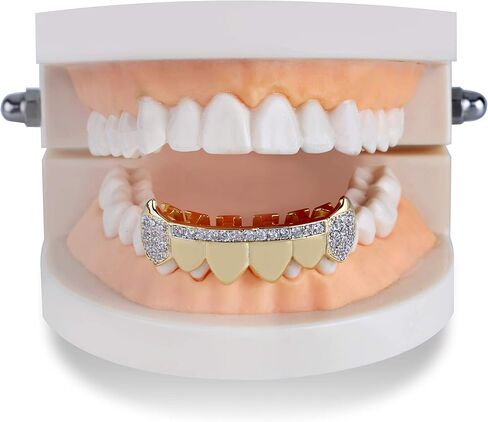 TOPGRILLZ 14K Gold Plated Iced Out CZ Top and Bottom Vampire Fangs Werewolf Grillz for Your Teeth Hip Hop Halloween Accessory in Kuwait
