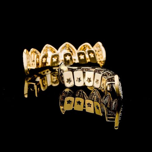 TOPGRILLZ 14K Gold Plated Iced Out CZ Top and Bottom Vampire Fangs Werewolf Grillz for Your Teeth Hip Hop Halloween Accessory in Kuwait