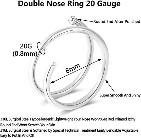 Fzroezz 1-15PCS Double Hoop Nose Ring for Single Piercing 18G 20G 22G Spiral Nose Rings Hoops 18 20 22 Gauge Surgical Steel Twist Nose Piercing Jewelry Nostril for Women Girls Men Hypoallergenic Pack Easy Bendable 6mm 8mm 10mm in Kuwait