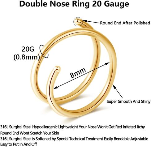 Fzroezz 1-15PCS Double Hoop Nose Ring for Single Piercing 18G 20G 22G Spiral Nose Rings Hoops 18 20 22 Gauge Surgical Steel Twist Nose Piercing Jewelry Nostril for Women Girls Men Hypoallergenic Pack Easy Bendable 6mm 8mm 10mm in Kuwait