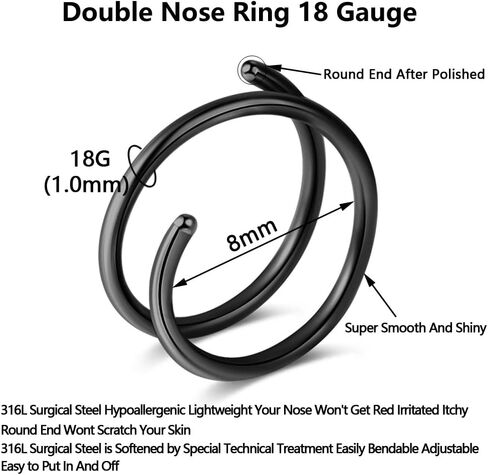 Fzroezz 1-15PCS Double Hoop Nose Ring for Single Piercing 18G 20G 22G Spiral Nose Rings Hoops 18 20 22 Gauge Surgical Steel Twist Nose Piercing Jewelry Nostril for Women Girls Men Hypoallergenic Pack Easy Bendable 6mm 8mm 10mm in Kuwait