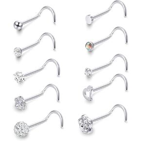 JOERICA 10 قطعة 20 جرام من الفولاذ المقاوم للصدأ برغي الأنف ترصيع خواتم تشيكوسلوفاكيا Labret الفضة الذهب الأنف مسمار ثقب المجوهرات مجموعة