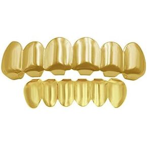 24K Plated Gold Grillz for Men and Women - Mouth Top & Bottom Hip Hop Teeth Grills Set with 2 Extra Molding Bars, Gold Grills for Teeth Rapper Costume Cosplay in Kuwait