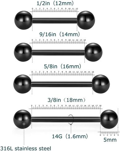 vcmart Nipple Rings Tongue Rings Stainless Steel 14G Straight Barbells Piercing Jewelry 12mm,14mm,16mm,18mm in Kuwait