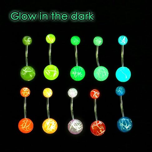 CM Crareesi Mania 10Pieces Belly Button Rings Glow in The Dark Belly Rings 14G Banana Barbells Colorful Navel Piercing Jewellery Navel Bars in Kuwait