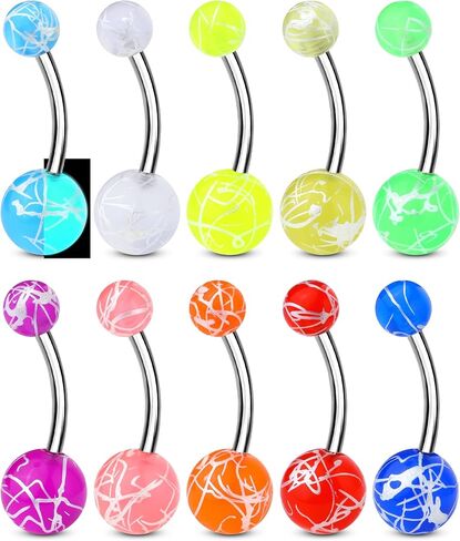 CM Crareesi Mania 10Pieces Belly Button Rings Glow in The Dark Belly Rings 14G Banana Barbells Colorful Navel Piercing Jewellery Navel Bars in Kuwait