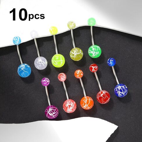 CM Crareesi Mania 10Pieces Belly Button Rings Glow in The Dark Belly Rings 14G Banana Barbells Colorful Navel Piercing Jewellery Navel Bars in Kuwait