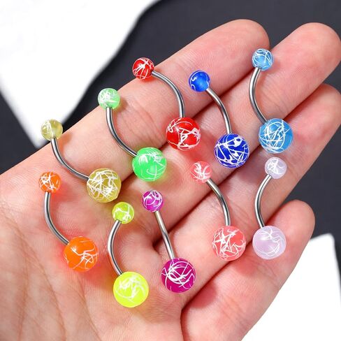 CM Crareesi Mania 10Pieces Belly Button Rings Glow in The Dark Belly Rings 14G Banana Barbells Colorful Navel Piercing Jewellery Navel Bars in Kuwait