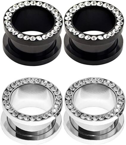 Longbeauty 2Pcs/4Pcs Black and Silver Stainless Steel with Zircon Ear Tunnels Expander Plugs Stretcher 8g-9/16 in Saudi Arabia