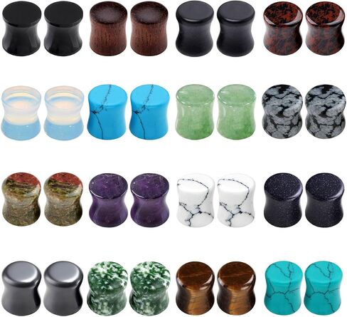 PiercingJ Acrylic Wood Mixed Stone Plugs 16 Pairs/32 Pieces Set Ear Plugs Ear Tunnels Ear Gauges Double Flared Ear Expander Stretcher Set in Kuwait