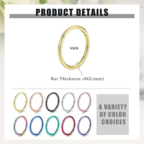 Besteel 10 قطع 16-18G حلقات الأنف المفصلية هيليكس الغضروف Daith هوب أقراط للنساء الرجال الحاجز الزنمة النائمة محارة ثقب القرط مجموعة 8-12 مم in Kuwait