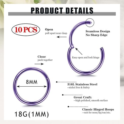 Besteel 10 قطع 16-18G حلقات الأنف المفصلية هيليكس الغضروف Daith هوب أقراط للنساء الرجال الحاجز الزنمة النائمة محارة ثقب القرط مجموعة 8-12 مم in Kuwait