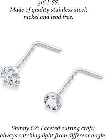 Vsnnsns 18G 20G 22G Nose Rings for Women 316L Surgical Stainless Steel L Shaped Nose Studs Screw Bone Nose Rings Piercings Nostril Piercing Diamond CZ 1.5mm 2mm 2.5mm 3mm 3.5mm 4mm Silver 40pcs in Kuwait