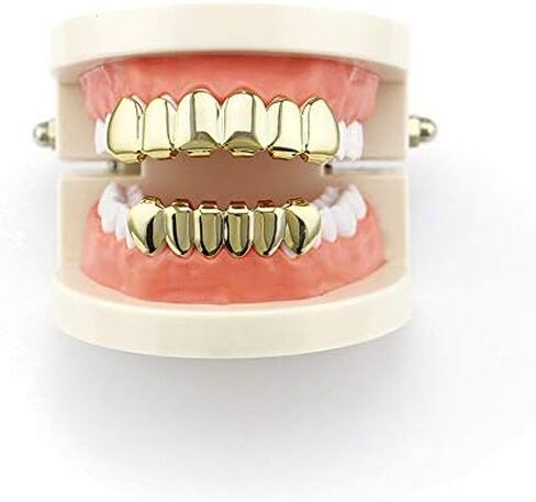 24K Plated Gold Grillz for Men and Women - Mouth Top & Bottom Hip Hop Teeth Grills Set with 2 Extra Molding Bars, Gold Grills for Teeth Rapper Costume Cosplay in Kuwait