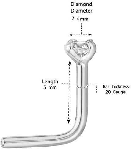 0.01 to 0.07 Carat Lab Grown Diamond L-Shaped Nose Ring in 14k White or Yellow Gold (D-E, VVS1-VVS2 to I2-I3, cttw) 20 Gauge Nose Ring 1.3 to 2.7 mm by Lavari Jewelers in Saudi Arabia