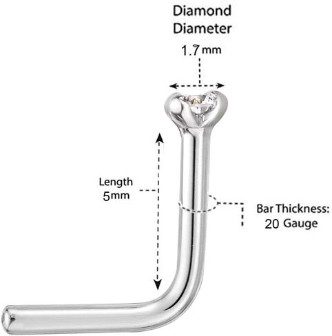 0.01 to 0.07 Carat Lab Grown Diamond L-Shaped Nose Ring in 14k White or Yellow Gold (D-E, VVS1-VVS2 to I2-I3, cttw) 20 Gauge Nose Ring 1.3 to 2.7 mm by Lavari Jewelers in Saudi Arabia