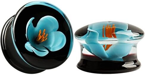 KUBOOZ(1 Pair Glass-Handmade Blue Flower Ear Plugs Tunnels Gauges Stretcher Piercings in Kuwait