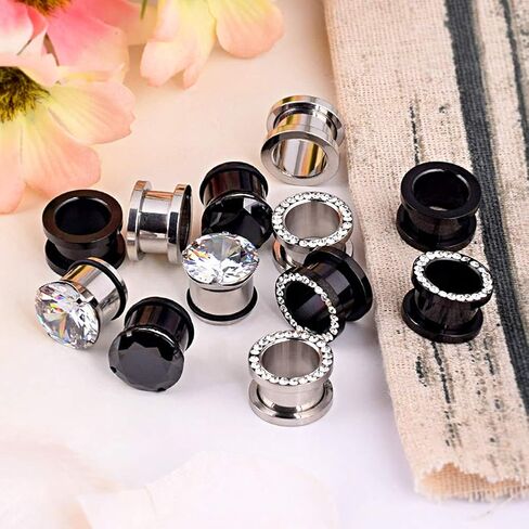 Longbeauty 12PCS CZ Gems Ear Tunnels Plugs Gauges Stainless Steel Expander Stretcher Piercings in Saudi Arabia