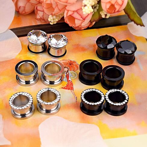 Longbeauty 12PCS CZ Gems Ear Tunnels Plugs Gauges Stainless Steel Expander Stretcher Piercings in Saudi Arabia