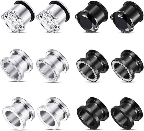 Longbeauty 12PCS CZ Gems Ear Tunnels Plugs Gauges Stainless Steel Expander Stretcher Piercings in Saudi Arabia