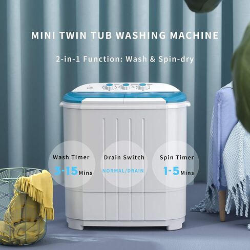 Auertech Portable Washing Machine, 14lbs Mini Twin Tub Washer Compact Laundry Machine with Built-in Gravity Drain Time Control, Semi-automatic 9lbs Washer 5lbs Spinner for Dorms, Apartments, RVs in Kuwait