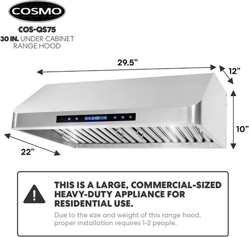 COSMO COS-QS75 30 in. Under Cabinet Range Hood with 500 CFM, Permanent Filters, LED Lights, Convertible from Ducted to Ductless (Kit Not Included) in Stainless Steel in Saudi Arabia
