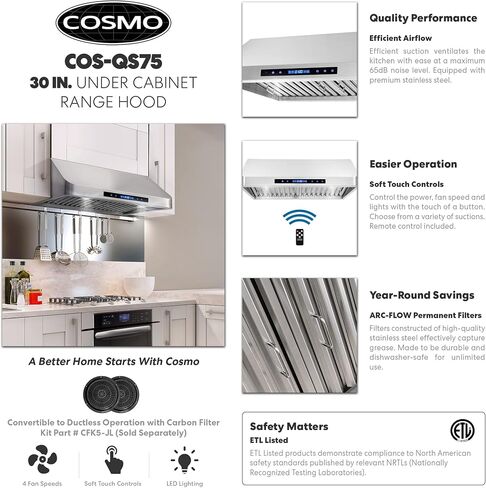 COSMO COS-QS75 30 in. Under Cabinet Range Hood with 500 CFM, Permanent Filters, LED Lights, Convertible from Ducted to Ductless (Kit Not Included) in Stainless Steel in Saudi Arabia