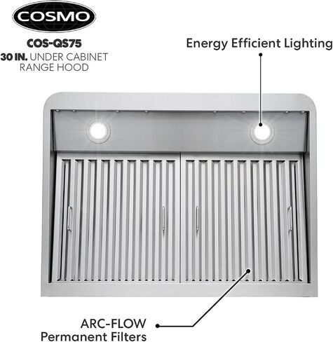 COSMO COS-QS75 30 in. Under Cabinet Range Hood with 500 CFM, Permanent Filters, LED Lights, Convertible from Ducted to Ductless (Kit Not Included) in Stainless Steel in Saudi Arabia