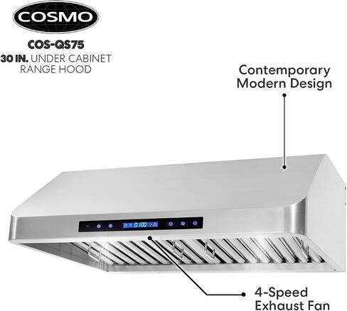 COSMO COS-QS75 30 in. Under Cabinet Range Hood with 500 CFM, Permanent Filters, LED Lights, Convertible from Ducted to Ductless (Kit Not Included) in Stainless Steel in Saudi Arabia
