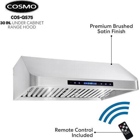 COSMO COS-QS75 30 in. Under Cabinet Range Hood with 500 CFM, Permanent Filters, LED Lights, Convertible from Ducted to Ductless (Kit Not Included) in Stainless Steel in Saudi Arabia