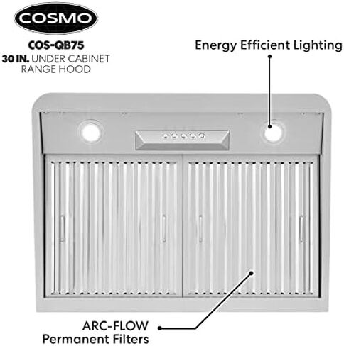 COSMO COS-QS75 30 بوصة. شفاط تحت الخزانة مع 500 CFM، مرشحات دائمة، مصابيح LED، قابلة للتحويل من مجاري إلى بدون مجاري (المجموعة غير متضمنة) من الفولاذ المقاوم للصدأ in Kuwait