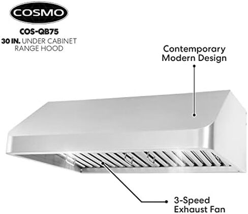 COSMO COS-QS75 30 بوصة. شفاط تحت الخزانة مع 500 CFM، مرشحات دائمة، مصابيح LED، قابلة للتحويل من مجاري إلى بدون مجاري (المجموعة غير متضمنة) من الفولاذ المقاوم للصدأ in Kuwait