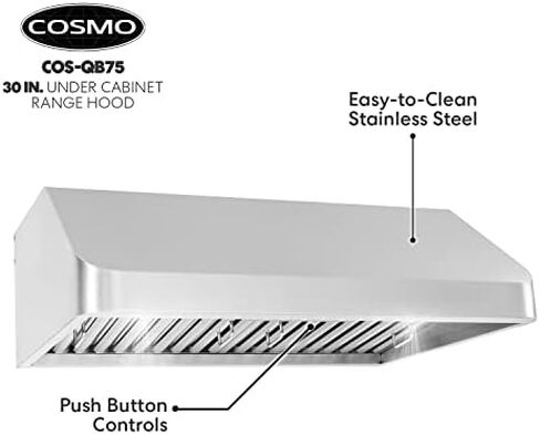 COSMO COS-QS75 30 بوصة. شفاط تحت الخزانة مع 500 CFM، مرشحات دائمة، مصابيح LED، قابلة للتحويل من مجاري إلى بدون مجاري (المجموعة غير متضمنة) من الفولاذ المقاوم للصدأ in Kuwait