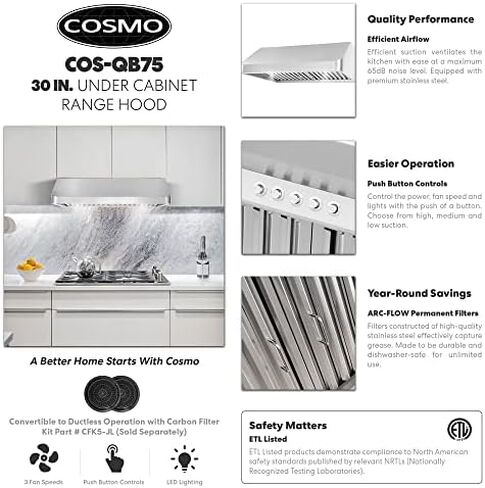 COSMO COS-QS75 30 in. Under Cabinet Range Hood with 500 CFM, Permanent Filters, LED Lights, Convertible from Ducted to Ductless (Kit Not Included) in Stainless Steel in Saudi Arabia