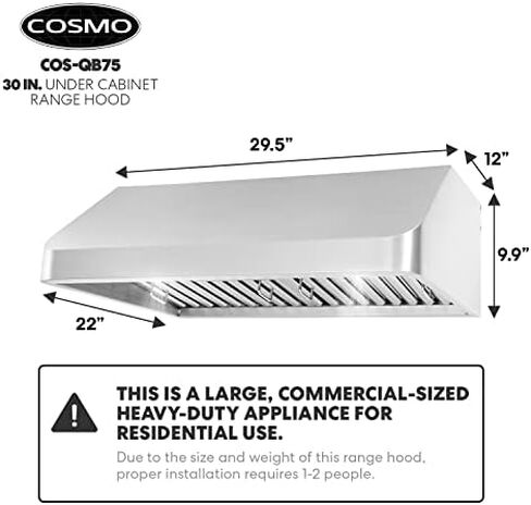COSMO COS-QS75 30 in. Under Cabinet Range Hood with 500 CFM, Permanent Filters, LED Lights, Convertible from Ducted to Ductless (Kit Not Included) in Stainless Steel in Saudi Arabia