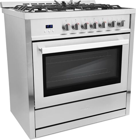 COSMO COS-965AGFC 36 in. Gas Rang, 3.8 cu. ft. Stainless Steel & COS-63190S Wall Mount Range Hood, Ducted Convertible Ductless (additional filters needed, not included), 36 inch, Stainless Steel in Saudi Arabia
