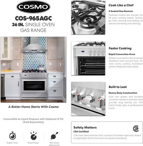 COSMO COS-965AGFC 36 in. Gas Rang, 3.8 cu. ft. Stainless Steel & COS-63190S Wall Mount Range Hood, Ducted Convertible Ductless (additional filters needed, not included), 36 inch, Stainless Steel in Saudi Arabia