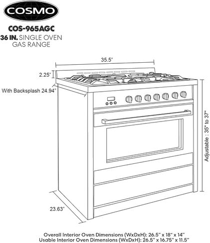 COSMO COS-965AGFC 36 in. Gas Rang, 3.8 cu. ft. Stainless Steel & COS-63190S Wall Mount Range Hood, Ducted Convertible Ductless (additional filters needed, not included), 36 inch, Stainless Steel in Saudi Arabia