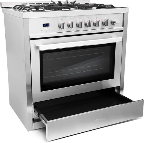 COSMO COS-965AGFC 36 in. Gas Rang, 3.8 cu. ft. Stainless Steel & COS-63190S Wall Mount Range Hood, Ducted Convertible Ductless (additional filters needed, not included), 36 inch, Stainless Steel in Saudi Arabia