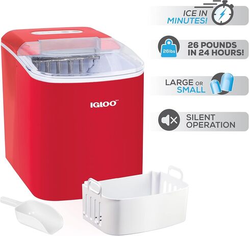 Igloo Electric Countertop Ice Maker Machine - Automatic and Portable - 26 Pounds in 24 Hours - Ice Cube Maker - Ice Scoop and Basket - Ideal for Iced Coffee and Cocktails - Stainless Steel in Saudi Arabia