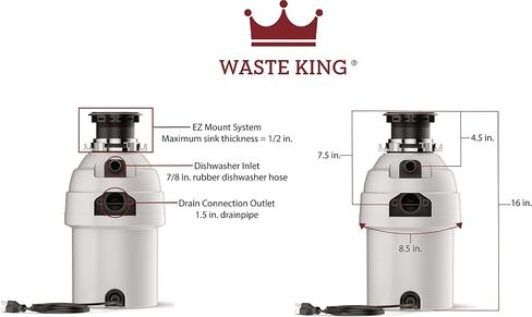 Waste King Legend Series 1 HP Continuous Feed Garbage Disposal with Power Cord - (L-8000) & Garbage Disposal Dishwasher Connector Kit - 1023 in Kuwait
