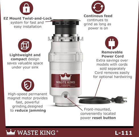 Waste King 1/3 HP Garbage Disposal with Power Cord, Compact Food Waste Disposer for Under Kitchen Sink, L-111 & 1025 Disposer EZ Mount Garbage Disposal Stopper and Splash Guard, Black in Kuwait