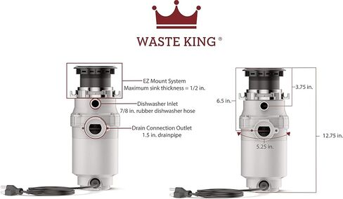 Waste King 1/3 HP Garbage Disposal with Power Cord, Compact Food Waste Disposer for Under Kitchen Sink, L-111 & 1025 Disposer EZ Mount Garbage Disposal Stopper and Splash Guard, Black in Kuwait